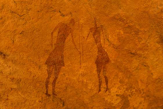 Painted warriors, Neolithic rock art, Tadrart region, Tassili n ́Ajjer National Park, Sahara, North Africa