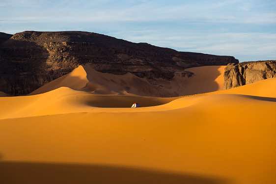 Tent site in the sand dunes of Moul Naga, Tadrart region, Tassili n' Ajjer National Park, Sahara, North Africa