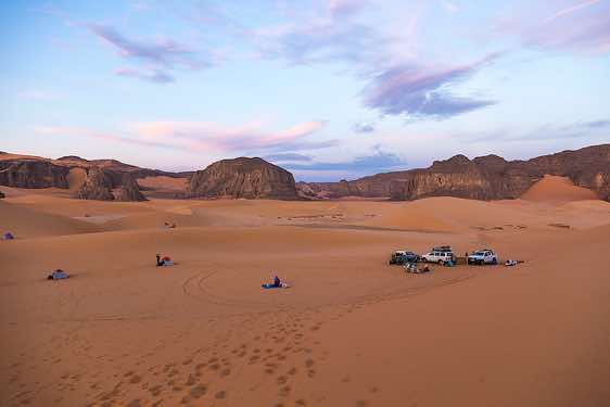 Campsite in the sand dunes of Moul Naga, Tadrart region, Tassili n' Ajjer National Park, Sahara, North Africa