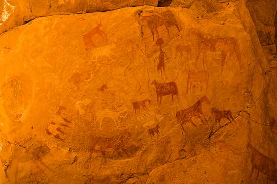 Prehistoric rock paintings inside Manda Guéli Cave, Ennedi Mountains, northeastern Chad
