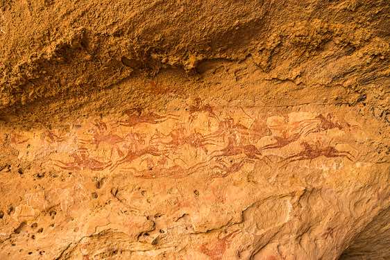 Prehistoric rock painting of Equestrian warriors, Terkei Cave, Ennedi Mountains, northeastern Chad