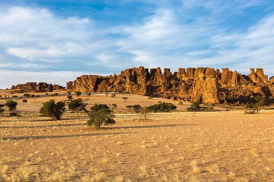 Panoramic view of sandstone rock formations, Ennedi Mountains, northeastern Chad