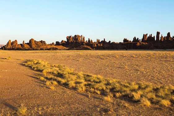 Panoramic view of sandstone rock formations near campsite, Ennedi Mountains, northeastern Chad