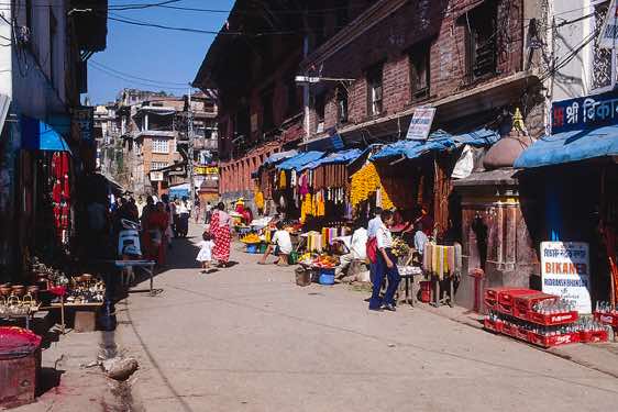 Shops near the Pashupatinath temple sell flowers, incense and other offerings