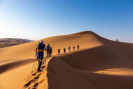 Hiking group in the sand dunes, desert landscape, Rub al Khali, Empty Quarter, Dhofar region