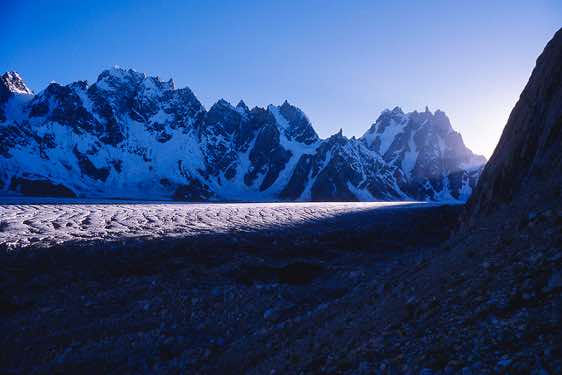 Biafo Glacier, seen from Camp Marphogoro, 4380m, at sunset, Karakoram Mountains