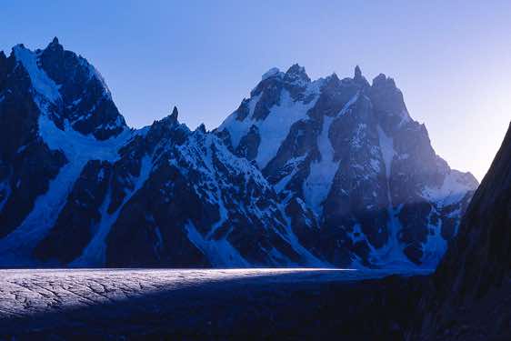 Biafo Glacier, seen from Camp Marphogoro, 4380m, at sunset, Karakoram Mountains