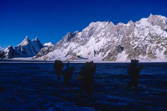 Group of porters on the Biafo Glacier, Karakoram Mountains