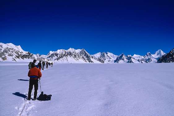 Trekking group on the Biafo Glacier, Karakoram Mountains