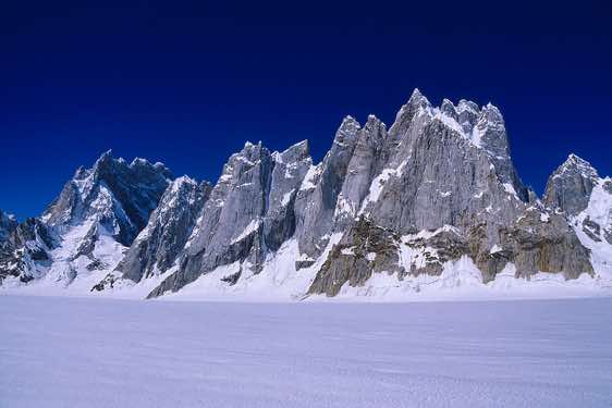Sosbun Brakk, 6413m, and Broad Tower, 6066m, seen from the Biafo Glacier, Karakoram Mountains
