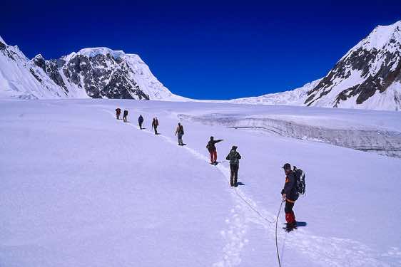 Trekking group approaching Hispar La pass, Karakoram Mountains