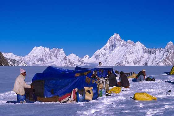 Camp Hispar La pass, 5150m, with Ogre (Baintha Brakk), 7285m, in the background, Karakoram Mountains