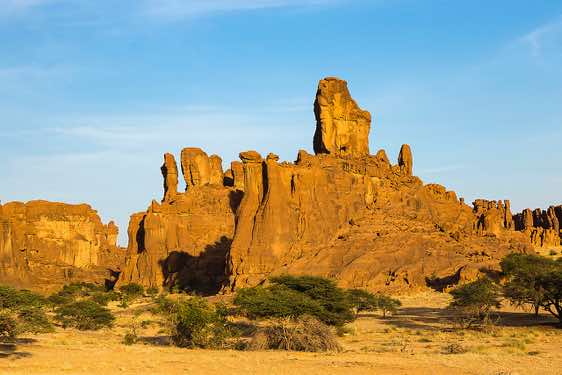 Sandstone rock formations in late afetrnoon light, Ennedi Mountains, northeastern Chad