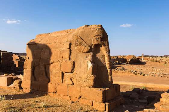 Elephant statue at Musawwarat es-Sufra, also known as Al-Musawarat Al-Sufra, a large Meroitic temple complex 20 km north of Naqa (Naga) dating back to the early Meroitic period of the 3rd century BC