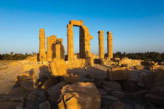 The ruins of the Egyptian temple of Soleb seen at sunset, Northern Sudan