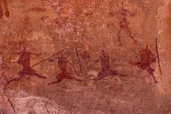 Rock painting of hunters and warriors, Neolithic rock art, Tadrart region, Tassili n ́Ajjer National Park, Sahara, North Africa