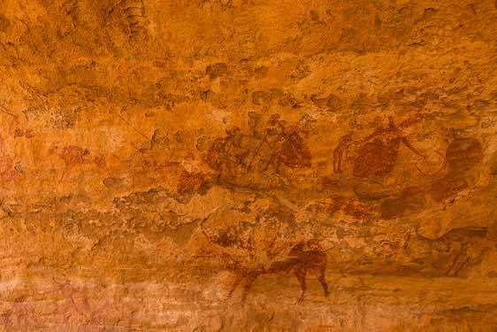 Painting of people, Neolithic rock art, Tadrart region, Tassili n ́Ajjer National Park, Sahara, North Africa