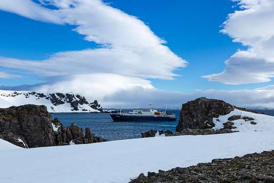 Plancius anchoring at Half Moon Bay, Half Moon Island, South Shetland Islands, Antarctica