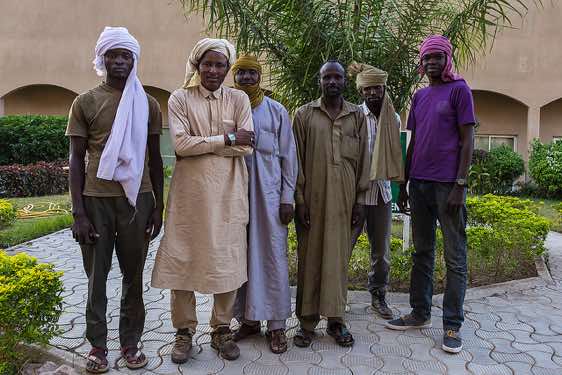Cook Nicola, driver Ibrahim, local guide Haraoun, driver Osman, driver Mohammed and translator Moussa (left to right) at our hotel in the capital N'Djamena