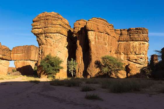 Weathered sandstone pinnacles in late afternoon light, Labyrinthe d'Oyo, Ennedi Mountains, northeastern Chad