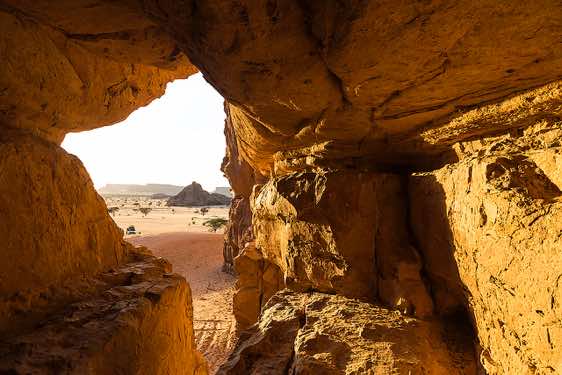 View from inside Manda Guéli Cave, Ennedi Mountains, northeastern Chad