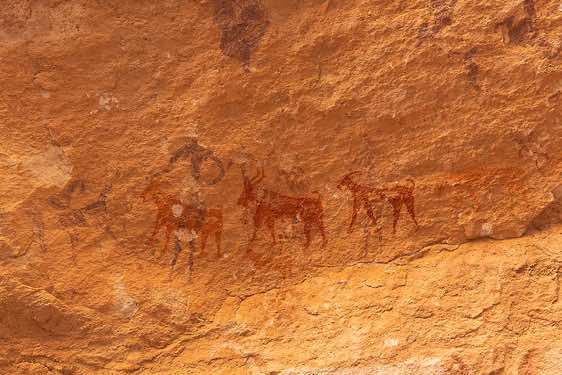 Rock painting depicting a row of red goats and a dark red human figure, Kozen rock art site, Tibesti region