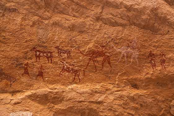 Rock painting depicting two riders on camels, a rider on a horse, human figures and cows, Kozen rock art site, Tibesti region