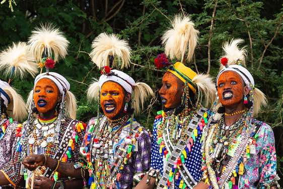 Wodaabe (Bororo) men dance like birds of paradise, which exhibit their plumage to attract females, Gerewol festival