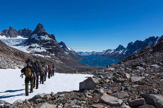 Group descending an icefield, Ikaasartivaq Strait