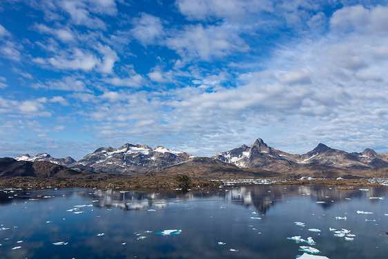 Mountains reflecting in water, Tasiilaq Fjord, Ammassalik Island