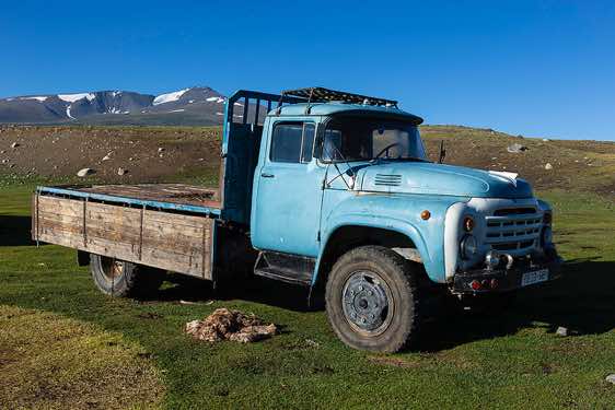 Old truck at campsite, Tavan Bogd National Park, Altai Mountains, Western Mongolia
