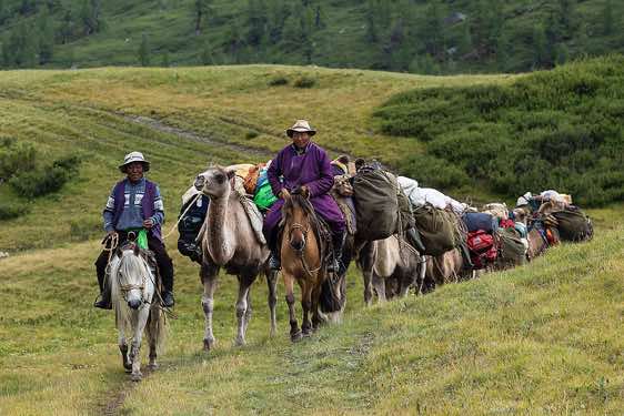 Camel herders Aagii and Bold approaching on horses, Tavan Bogd National Park, Altai Mountains, Western Mongolia