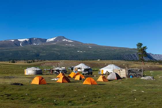 Campsite beside yurts, Tavan Bogd National Park, Altai Mountains, Western Mongolia