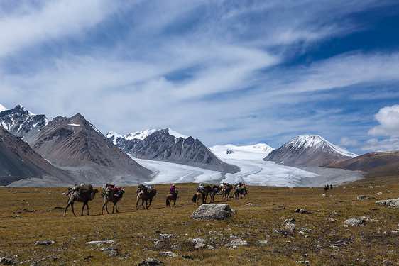 Camel herders near Potanin Glacier, the longest glacier in Mongolia, Tavan Bogd National Park, Altai Mountains, Western Mongolia