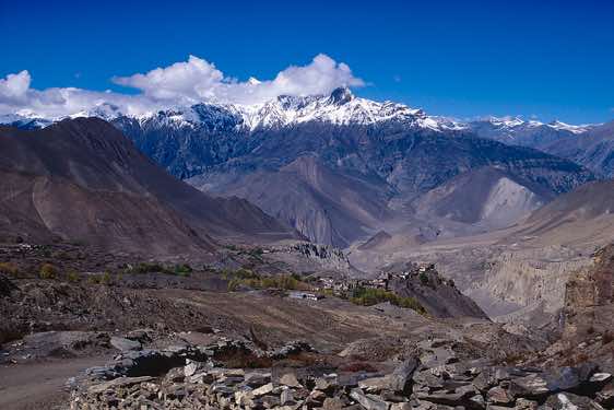 Jharkot, seen from below Muktinath, sits on a spur overlooking the barren valley