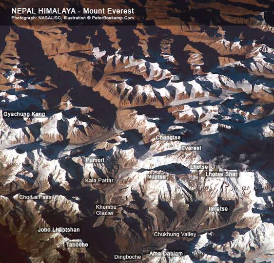 An illustrated satellite image of Mount Everest shows the location of important mountains, valleys and glaciers