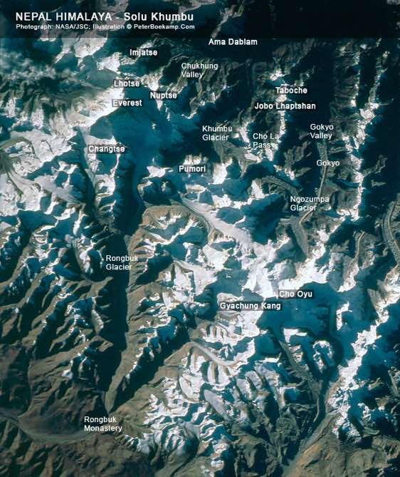 An illustrated satellite image of the Khumbu region shows the location of important mountains, valleys and glaciers