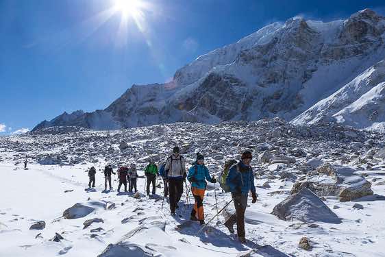 Trekking group on route to Larkya La pass