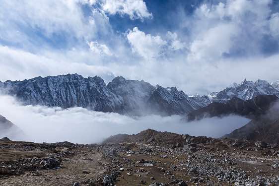 View of developing clouds on descent from Larkya La pass