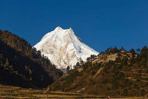 Manaslu, 8163m, and Gompa, seen from Lho village in the Buri Gandaki Valley