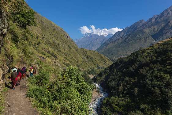 Trail alongside the Buri Gandaki river with Sringi Himal, 7161m, to the north