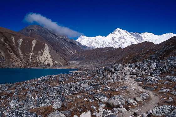 The south face of Cho Oyu, 8153m, dominates the skyline in the Gokyo Valley