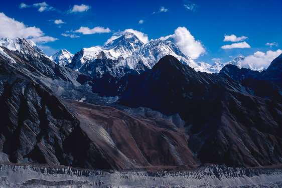 Top of Everest, 8848m, Nuptse, 7879m, Lhotse, 8501m, and Makalu, 8463m, seen from Gokyo Ri, 5340m