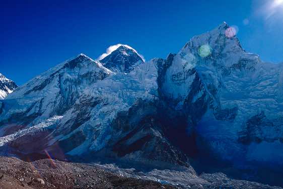 Khumbu Icefall (far left), top of Everest, 8848m, and Nuptse, 7879m, seen from Kala Pattar