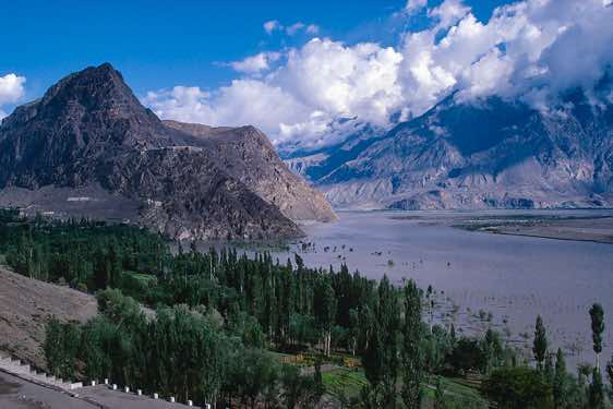 Indus river, seen from the garden of the PTDC K2 Motel, Skardu, Karakoram Mountains