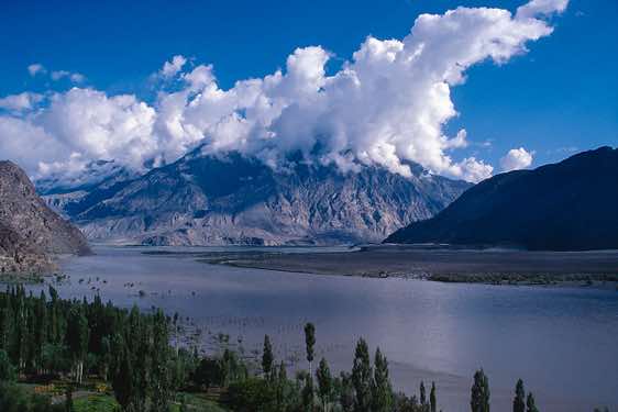 Indus river, seen from the garden of the PTDC K2 Motel, Skardu, Karakoram Mountains