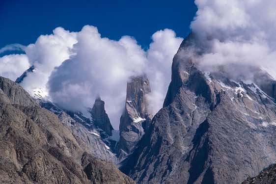 Trango Towers, 6251m, seen from the Baltoro Glacier, Karakoram Mountains