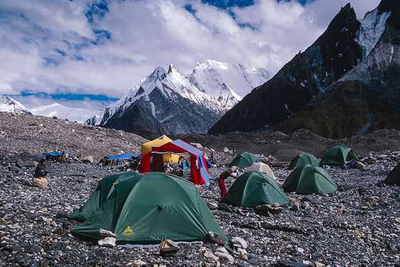 Camp at Concordia, 4670m. To the south stands Chogolisa (Bride Peak), 7665m.