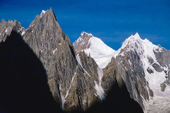 The early morning sun lights up the Biarchedi, 6759m, Concordia, Karakoram Mountains