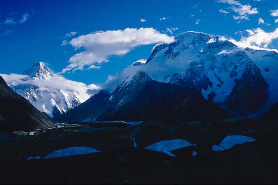 K2 (Chogori), 8611m, and Broad Peak (Falchan Kangri), 8047m, seen from Concordia, Karakoram Mountains